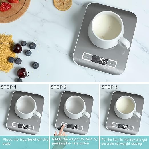 Digital Kitchen Scale,Food Scale for Meat Baking Weight,Unit Gram OZ lb Up 11 lb(1g-5KG),Silver Stainless Steel Anti-Fingerprint with Accuracy LCD Display for Cooking White(Include AAA Battery)