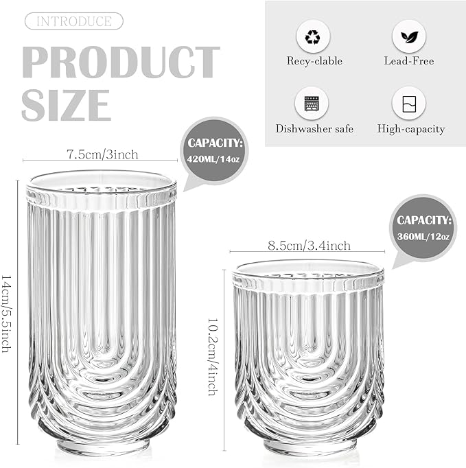 Ribbed Glassware Set of 8, 4 pcs Coffee Tumbler & 4 pcs Rocks Glass Cups, Durable Cocktails & Iced Coffee Cups, Versatile Drinkware for Juice, Smoothies, Whiskey, Wine, Elegant Glass Set for Women
