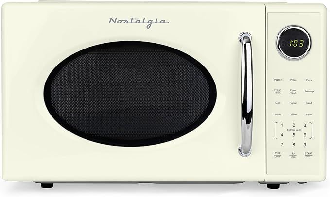 Nostalgia Retro 1000W Microwave Oven 1.1 Cu Ft Capacity – Child Safety Lock, 8 Auto-Cook Settings – Countertop Kitchen Appliance – Ivory