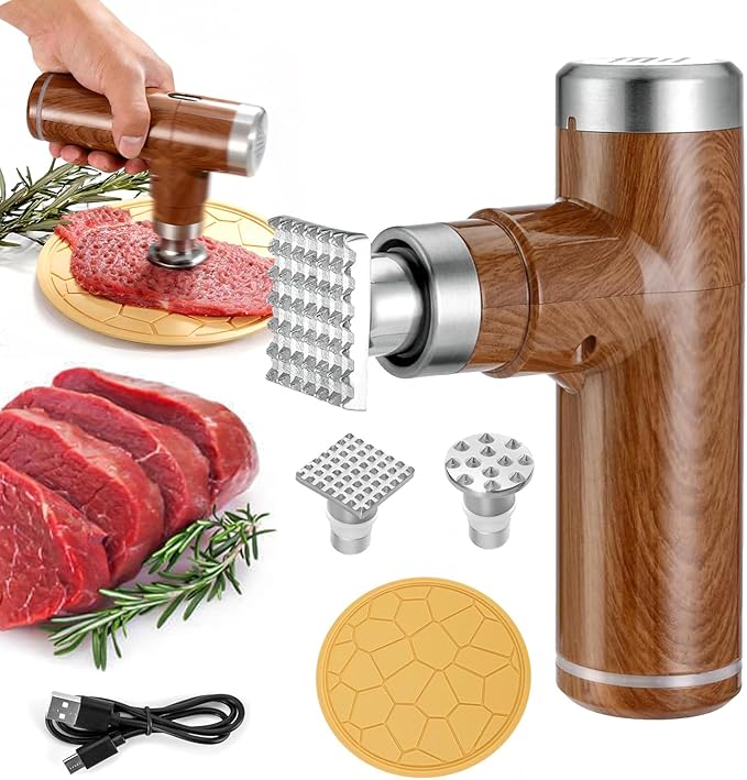Electric Meat Tenderizer Tool,Cordless Meat Tenderizer Machine with 2 Stainless Steel Meat Mallet,Kitchen Essentials For Tenderizing Steak/Beef/Chicken Chops (brown) (N-09)