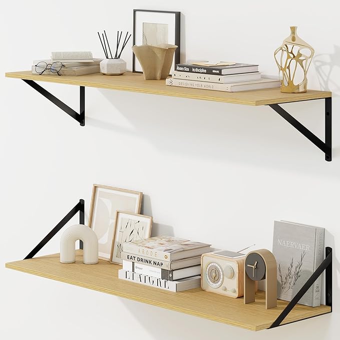Fun Memories Deep Floating Shelves for Wall, 36W x 8D Wall Mounted Shelves Set of 2, Wide Display Ledge Shelf with Sturdy Metal Brackets for Living Room, Bathroom, Bedroom and Kitchen, Oak