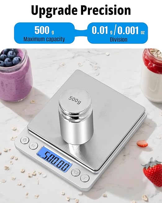 NEXT-SHINE Gram Scale 500g x 0.01g Precision, Digital Mini Pocket Size Portable Scale with Two Trays Nine Units, LCD Display Stainless Steel Platform for Weighing Jewelry Cooking Baking