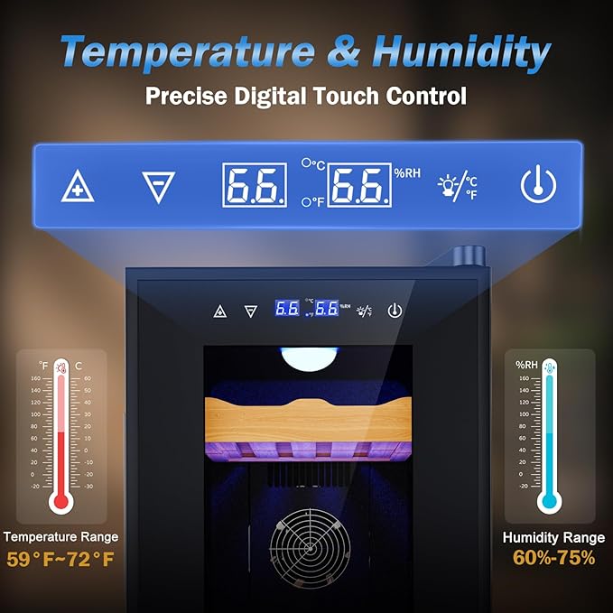 Electric Humidor-35L Cooling & Heating Humidor Smart Touch Control Humidity & Temp Humidors wtih Spanish Cedar Wood Tray, Digital Display, Safety Lock, Desktop Gift for Men
