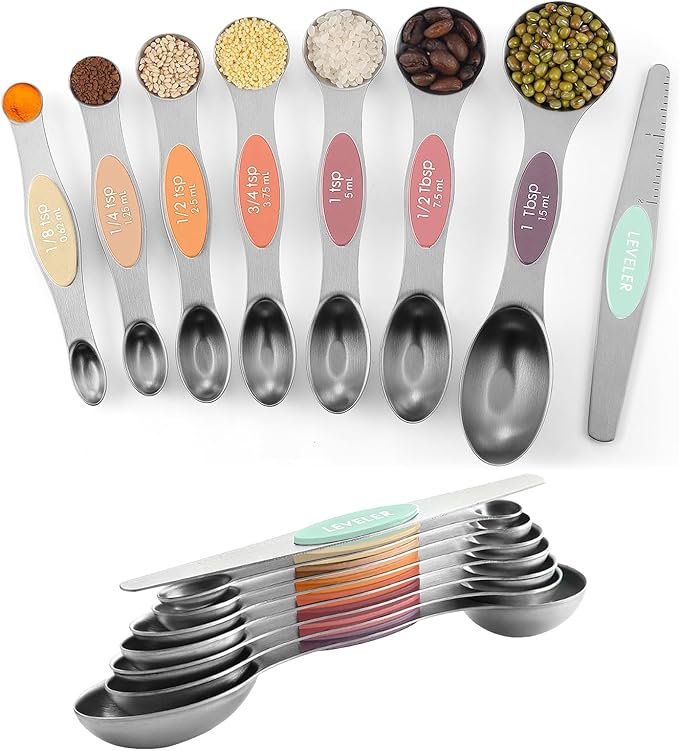 ChefAide Pack of 8 Stainless Steel Magnetic Measuring Spoons Set, Dual Sided, Stackable, Adjustable Teaspoon and Tablespoon Measure Spoon with Leveler, Kitchen Gadgets