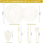 150 PCS Gold Glitter Disposable Dinnerware Set for 25 Guests, Plastic Plates for Party, Including 25 Dinner Plates, 25 Salad Plates, 25 Cups, 25 Forks Knives Spoons for Wedding and Party Supplies