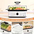 450C/842F Electric Food Steamer,Superheated Steam Cooker, 40% Less Fat, Premium Borosilicate Glass Lid, 10 One-Touch Presets, No Descaling 2+ Years, Real-Time Temp Display, 8 Qt 1800W White