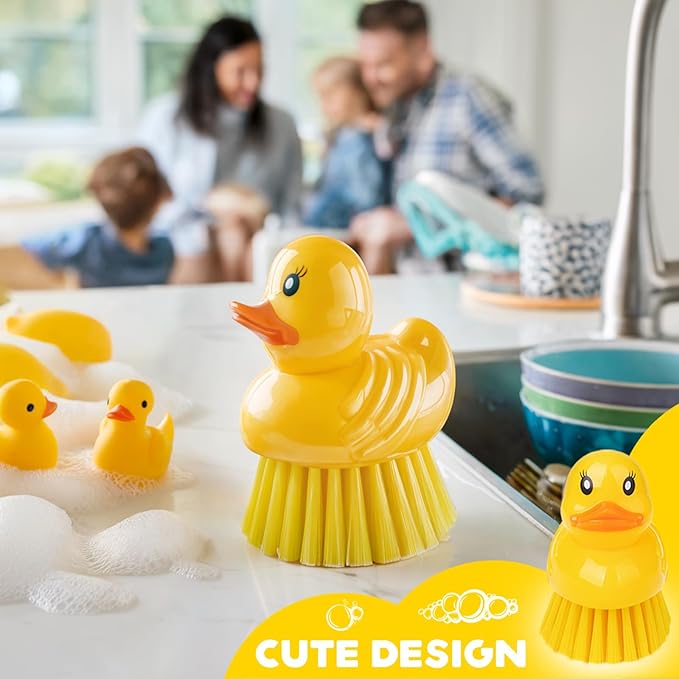 GTOTd Cute Ducky Washing Dish Brush（2 Pack）Ergonomic Palm Scrubber with Handle for Potato Vegetable Fruit Kitchen Gadgets White Elephant Gifts Accessories Stuff Household Cleaning Dishwashing Supplies