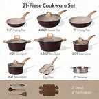 CAROTE 21 PCS Ceramic Cookware Set, Pots and Pans Set Non Stick, Pot and Pan Set with Frying Pan, Induction Ready Cooking Set for Kitchen, PFOS/PFOA/PFAS Free, Brown