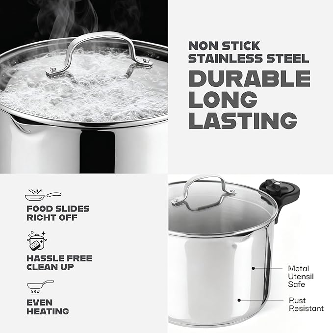 GOTHAM STEEL 5 Qt Stainless Steel Stock Pot Multipurpose Pasta Pot with Strainer Lid & Twist and Lock Handles, for Soup, Spaghetti, Rice, Induction Ready, Dishwasher Safe