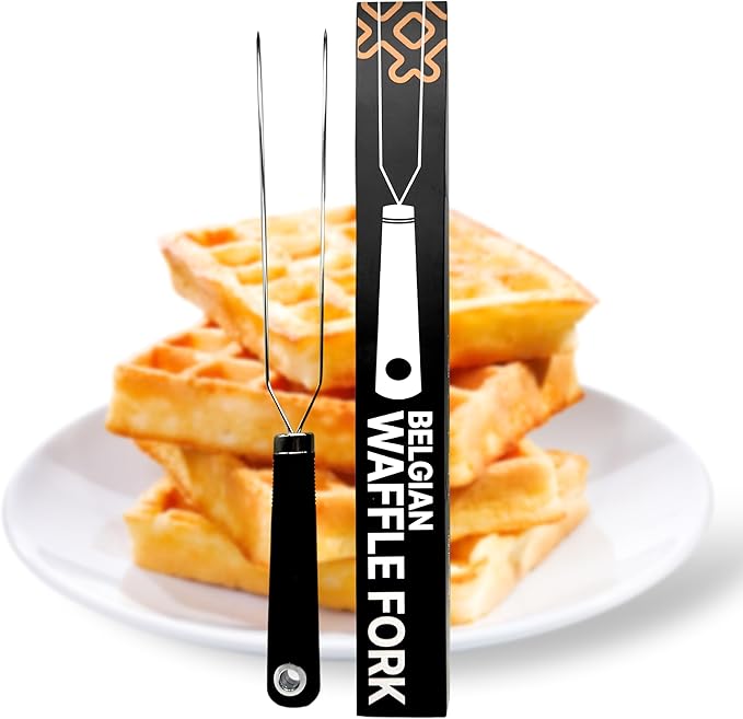 Waffle Fork for Belgian Waffles, Mulit-Use Stainless Steel Kitchen Tool with Silicone Handle, Beveled Prongs, Belgian Baking Accessory - One Size Black