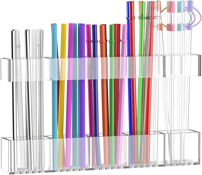 9.5” Large Acrylic Straw Holder for Cabinet Door, Reusable Adjustable Two-Part Straws Organizer with Ultra Sticky Adhesive Strips, 2026 Straw Storage for Kitchen Cupboard (Transparent)