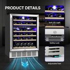 ORYMUSE 24 Inch Wine Cooler Refrigerator, 46 Bottle Dual Zone Wine Fridge with Stainless Steel Glass Door, Adjustable Shelves, Upgraded Compressor, Built-In Freestanding for Home, Bar, Kitchen