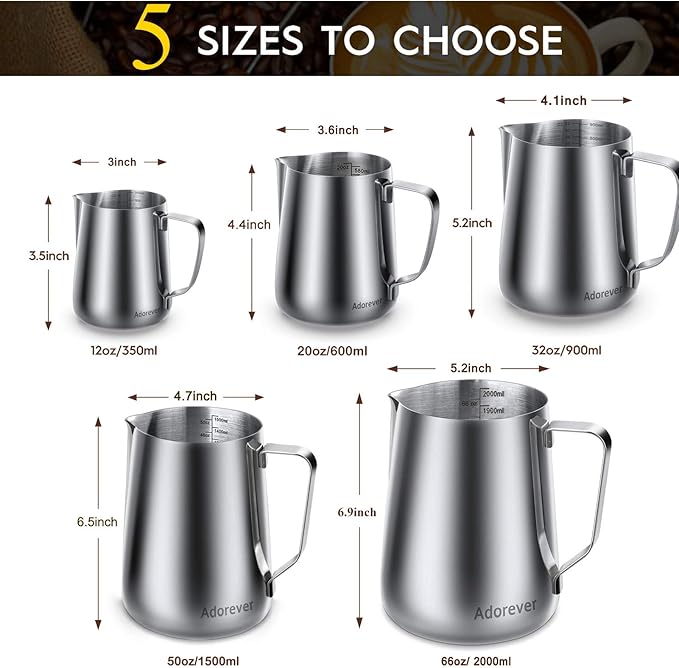 Milk Frothing Pitcher, 32oz Steaming Pitcher Stainless Steel Espresso Machine Accessories for Coffee Bar, Cappuccino Barista Tools Milk Jug Steamer Frother Cup with Decorating Latte Art Pen