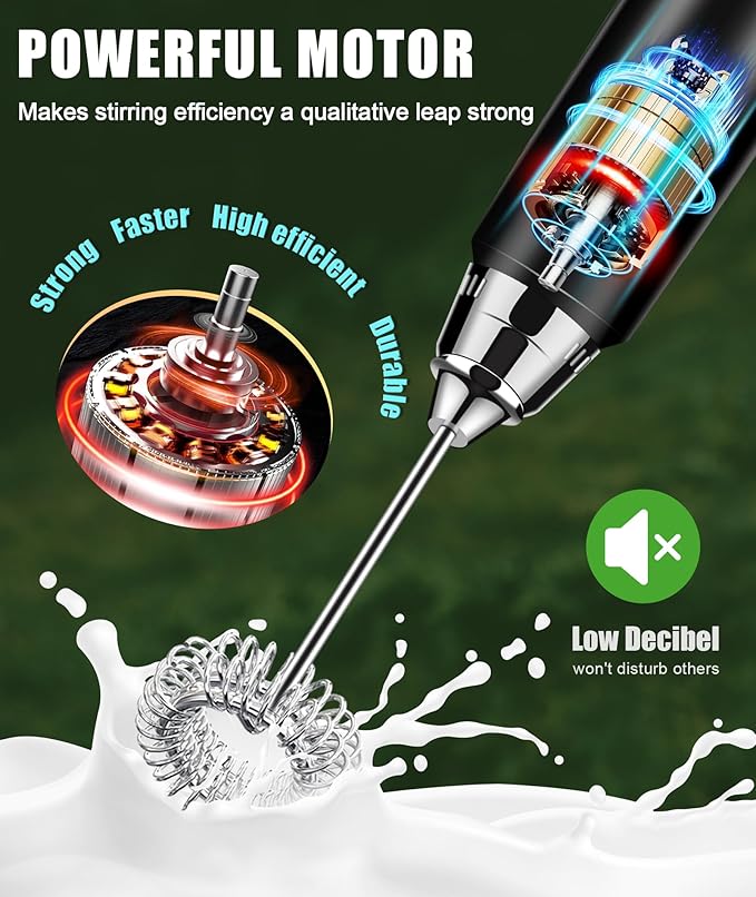 YUSWKO Rechargeable Milk Frother for Coffee, Handheld Drink Mixer with 3 Heads 3 Speeds, Ideal Coffee Frother Wand for Travel - Green