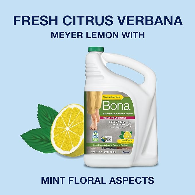Bona Multi-Surface Floor Cleaner Refill - 96 fl oz - Lemon Mint - Residue-Free Floor Cleaning Solution refill for Spray Mop and Spray Bottles - For Use on Stone, Tile, Laminate, and Vinyl Floors