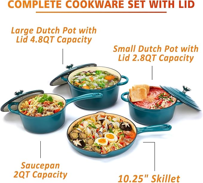 Hisencn Enameled Cast Iron Cookware Set - 7 Piece Dutch Ovens Set, Sauce Pan, Skillet, 3 Lids, Pots and Pans Set, Ceramic Coated Cast Iron, Heavy Duty, Gas/Induction Compatible, PFA Free