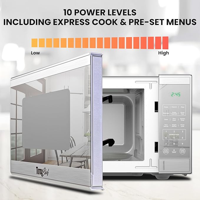 Total Chef 0.9 Cu Ft Microwave Oven – Compact Countertop Microwave, Small Stainless Steel Kitchen Appliance with Digital Touch, Pre-Set Functions, 10.6” Turntable, 900 Watt, Microondas Pequeños