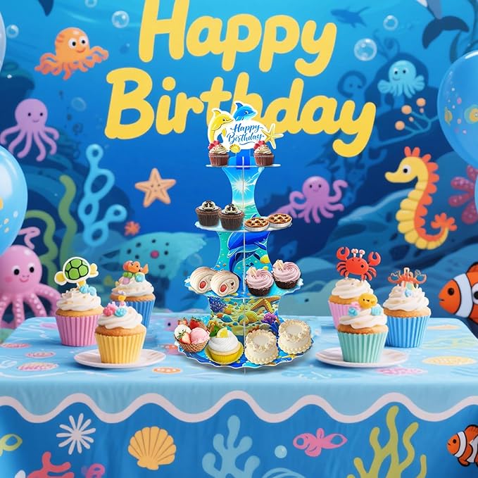AMZWKT 4-Tier Extra Large Happy Birthday Under The Sea Ocean Cardboard Cupcake Stand Ocean Themed Birthday Party Decorations for Boys Girls First Baby Shower Baby Shark Decoration ﻿ ﻿