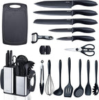 RAXCO Kitchen Utensils Set For Cooking-7 Cooking Utensils,5 Kitchen Utensils,6 Knife set,utensilios de cocina(18-in-1) (Black)