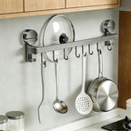 Wall Mounted Utensil Hook Rack with 8 Hooks, No Drill Installation, Space Gray Finish, Kitchen Organizer for Coats, Bags, and Accessories，Suction Cup Storage (2 Pack)