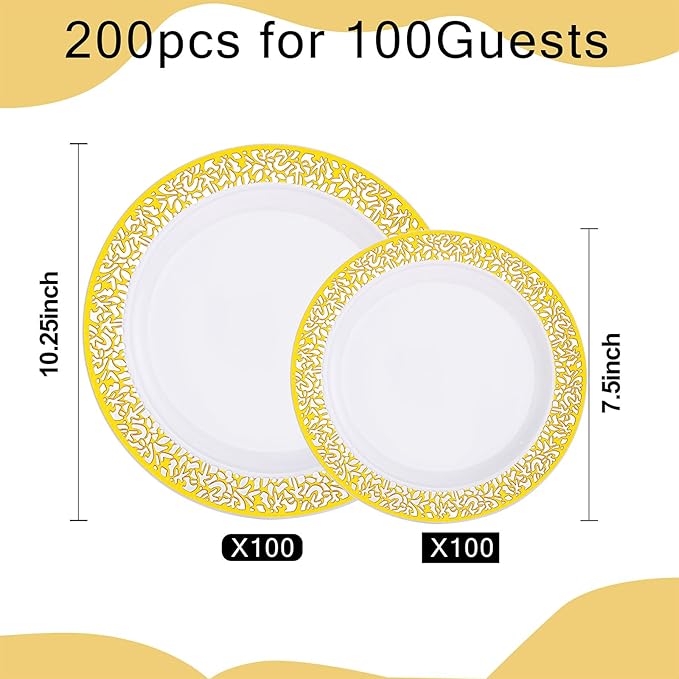 I00000 200 Pcs White and Gold Plastic Plates, Disposable Plastic Plates for 100 Guests Include: 100 Pcs Dinner Plate 10.25” and 100 Pcs Dessert Plate 7.5” Perfect for Party and Wedding
