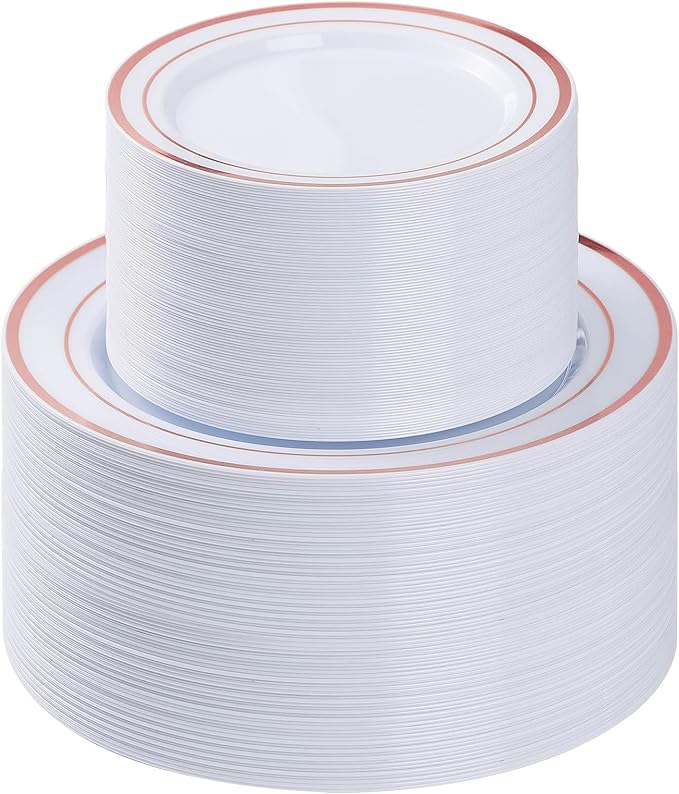 BESTVIP 200PCS Rose Gold Plastic Plate, Disposable Party Plates with 100 Dinner Plates and 100 Dessert Plates, Plastic Plates for Party, Wedding and Birthday