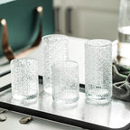 SoulTimes Glass Cups Vintage Glassware Set of 4, Drinking Glasses 9oz, Embossed Pattern Style Transparent Cocktail Glasses Set, for Ice Coffee,Juice,Beer,Bar Beverages,Drinkware, Transparent (S)