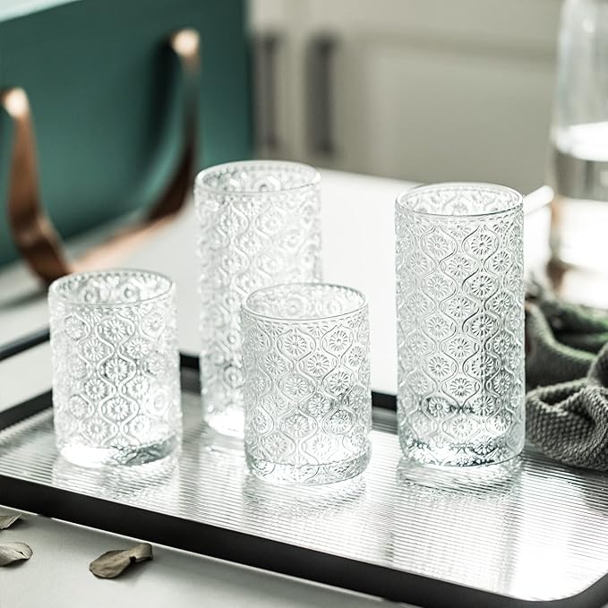 SoulTimes Glass Cups Vintage Glassware Set of 4, Drinking Glasses 9oz, Embossed Pattern Style Transparent Cocktail Glasses Set, for Ice Coffee,Juice,Beer,Bar Beverages,Drinkware, Transparent (S)