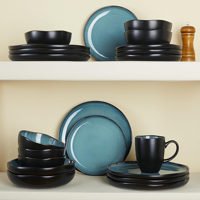 Pokini Stoneware Dinnerware Sets, Kitchen Plates and Bowls Set, Ceramic Dish Set for 4, Modern Chip & Scratch Resistant Dishware Sets, Durable Reactive Glaze Dinner Set, Green Black