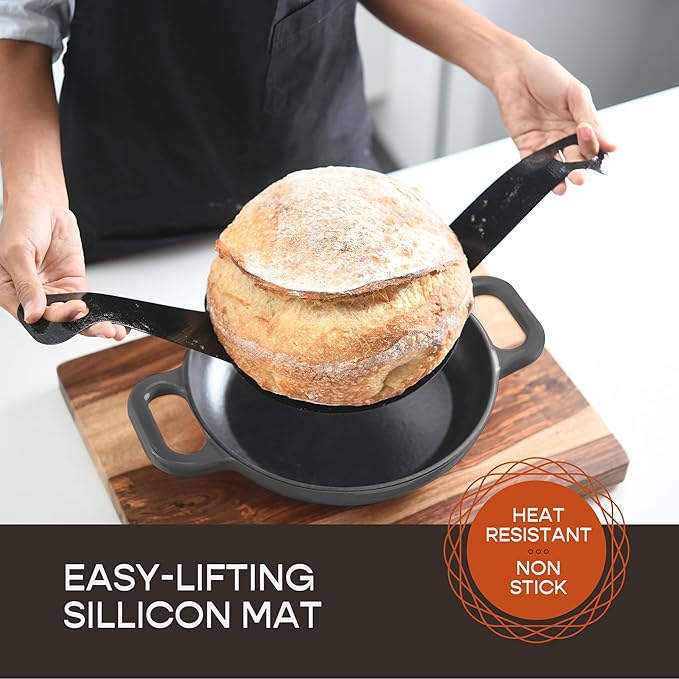 Enameled Cast Iron Dutch Oven for Sourdough Bread Baking | 6 Quart Pot with Lid | 10 Inch Ceramic Enamel Thick Coated Cookware Set with Non Stick Silicone Baking Mat for Cooking (Grey)