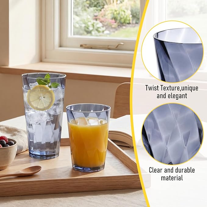 LemonRoad 24 Pack Reusable Plastic Drinking Glasses Set - 20oz & 13.5oz Stackable Tumbler, Shatter-resistant Highball Cups for Water, Cocktail, Iced Coffee, Indoor Outdoor Use, BBQ, Patio, Pool (Grey)