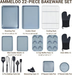 Ammeloo 22-Piece Baking Pans Set Stackable Bakeware Non Stick Baking Set Non Toxic Oven Pans, Including Roasting Pan, Cookie Sheets, Muffin Pans, Cake Pans, Oven Mitts and Utensils(Gray & Stone Black)