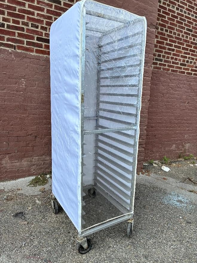 Bakery Food Pan Sheet Rack Cover – Heavy Duty Zippered Bun Pan Rack Cover – Long-lasting Use Durable Cover – Made in USA (White Waterproof Nylon with 2 Zippers (Large Pocket), 23"W x 28"L x 61"H)