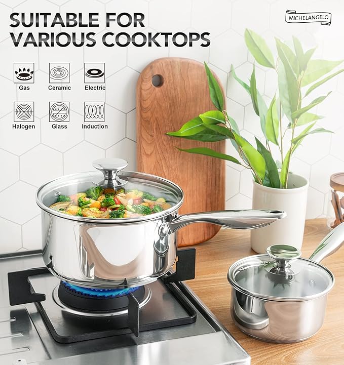 MICHELANGELO Tri-ply Stainless Steel 4 Qt Saucepan with Glass Lid, 4 Quart Pot with No Coating, Even Heating, for All Cooktops & Induction Compatible - Silver