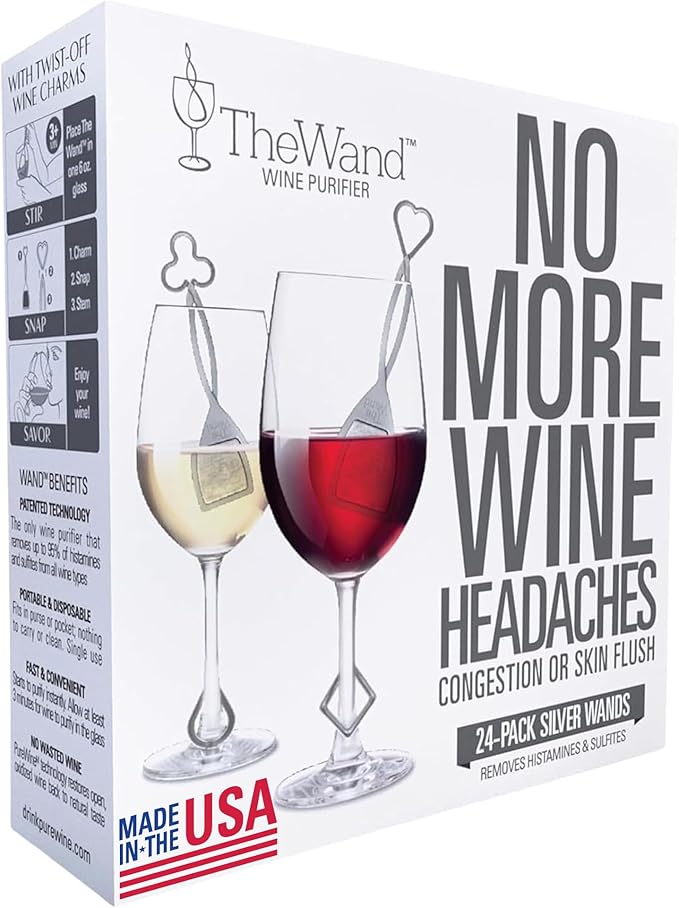 PureWine The Wand Wine Purifier - Red & White Wine Filters for Histamines & Sulfites, Sulfite Remover Sticks, Helps Allergies & Headaches, Gift Accessories for Women & Men - 24 Wands, Silver