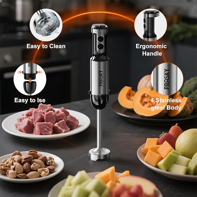 Immersion Blender Handheld Hand Blenders, 20 Speed & Turbo Mode Hand Held Blender, Heaviest Duty Copper Motor, Stainless Steel Blades, Milk Frother Wand, Whisk, 600ml Beaker, 500ml Chopper (Black)