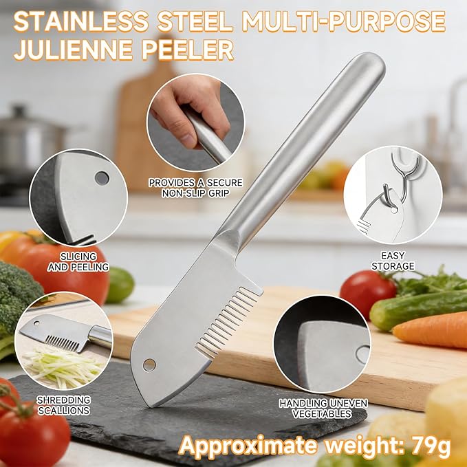 Stainless Steel Multi-Purpose Julienne Peeler, handheld peeler shredder, quick vegetable slicer for kitchen. Comfortable handle and hanging holes, suitable for fruits, vegetables, and herbs. (2)