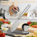 Stainless Steel Multi-Purpose Julienne Peeler, handheld peeler shredder, quick vegetable slicer for kitchen. Comfortable handle and hanging holes, suitable for fruits, vegetables, and herbs. (2)