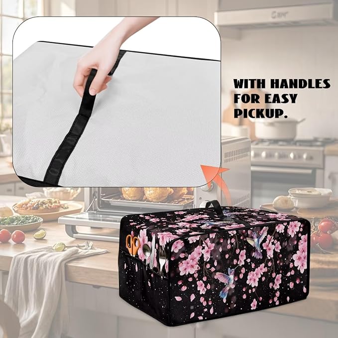 Hummingbird Cherry Blossom Print Toaster Oven Cover, Heat-Resistant Toaster Cover Dust-Proof Microwave Oven Protector, Protections for Kitchen, Black, (Medium-16.1*19.71*10 inches)