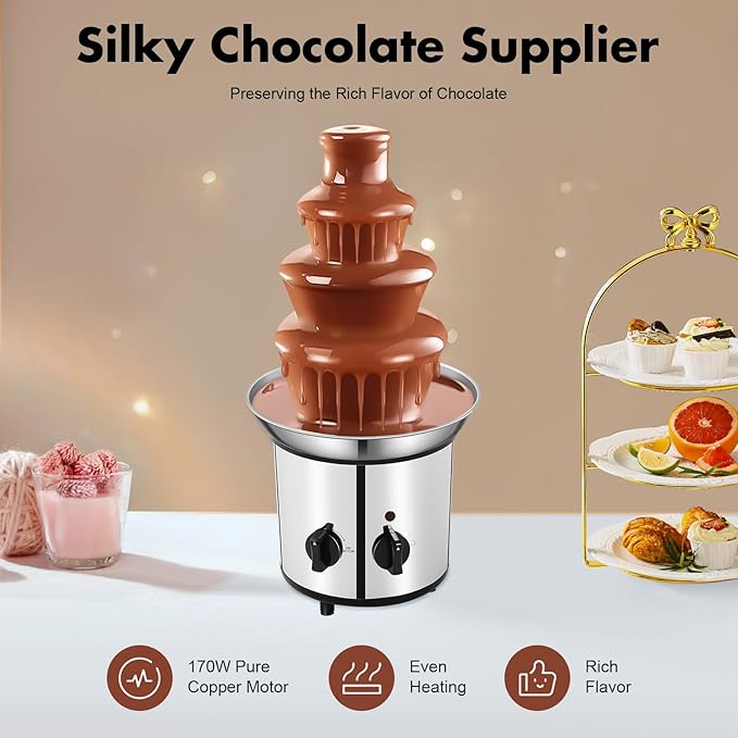 "Classic" Home Chocolate Fountain, 4 Tier Heated Chocolate Gountain Party Dark Dipping Chocolate Electric Fondue Machine for Party, Wedding, Events (4 Tier Sliver Chocolate Fountain)