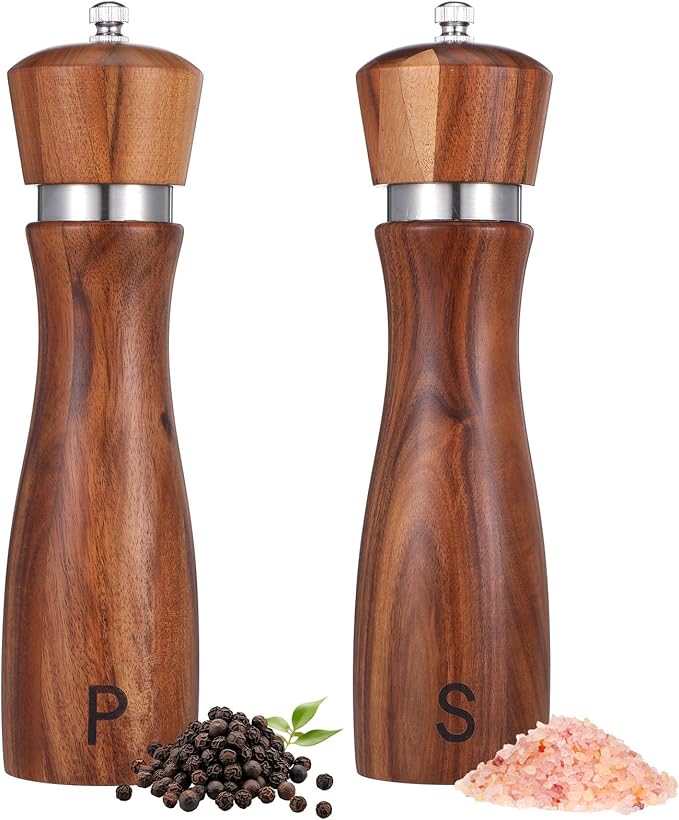 Kifmurase 2PCS Wooden Salt and Pepper Grinder Set, 8.7 inch Manual Refillable Salt Pepper Mills with Adjustable Coarseness, Solid Acacia Wood with Ceramic Grinding Core, Peppercorn Shaker Tableware