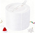 WELLIFE 100 Pieces White Plastic Dessert Plates with 100pcs Silver Disposable Forks, Premium Hard Salad Plate 7.5”, Appetizer Plastic Plates for Wedding, Party