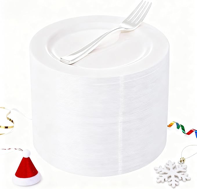 WELLIFE 100 Pieces White Plastic Dessert Plates with 100pcs Silver Disposable Forks, Premium Hard Salad Plate 7.5”, Appetizer Plastic Plates for Wedding, Party