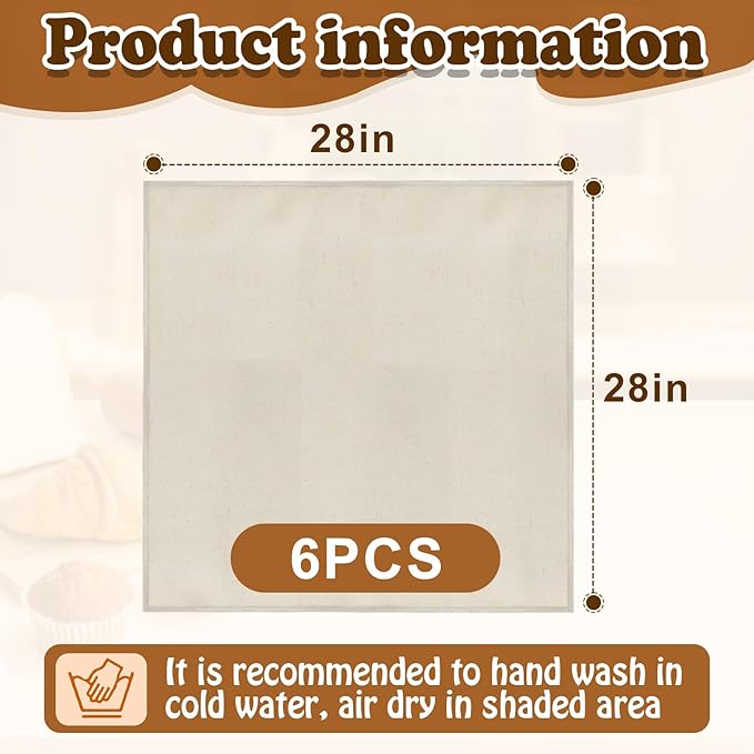 6pcs 100% cotton Tea Towels for Baking Sourdough - 28" Unbleached Bread Basket Flour Sack Towels, Proofing Cover Cloth for Dough Raising Baguettes Loaves Ciabatta, Bread Making Accessories Bakers Gift