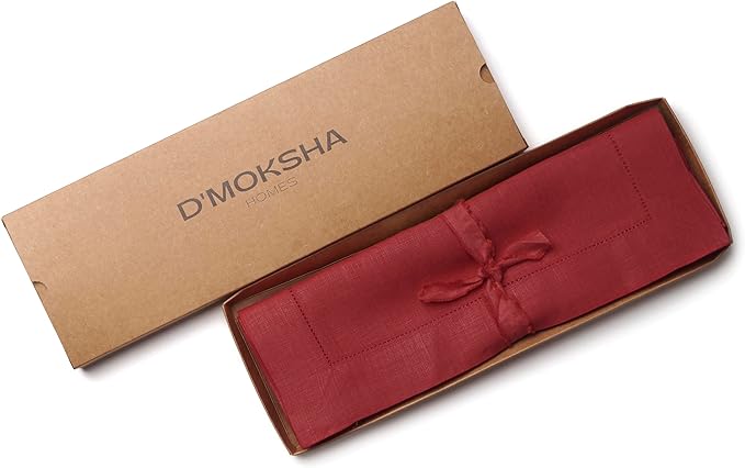 D'Moksha Homes Red Linen Placemats Set of 6 - Classic Hemstitch Placemats 14 x 19 Inch - 100% Pure Linen Table Mats for Valentines, Holiday, New Year - Handcrafted and Machine Washable