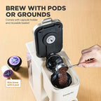 Tastyle Single Serve Coffee Maker, Iced and Hot Coffee Machine for K Cup & Grounds, Compact Design, 40oz Removable Water Reservoir, 6 to 24 Oz Brew Sizes, Fits 7.3" Travel Mug, Beige