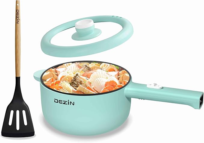 Dezin Hot Pot Electric, 2L Non-Stick Sauté Pan, Rapid Noodles Cooker, Mini Portable Pot for Steak, Egg, Fried Rice, Ramen, Oatmeal, Soup with Power Adjustment & Spatula, College Dorm Room Essential