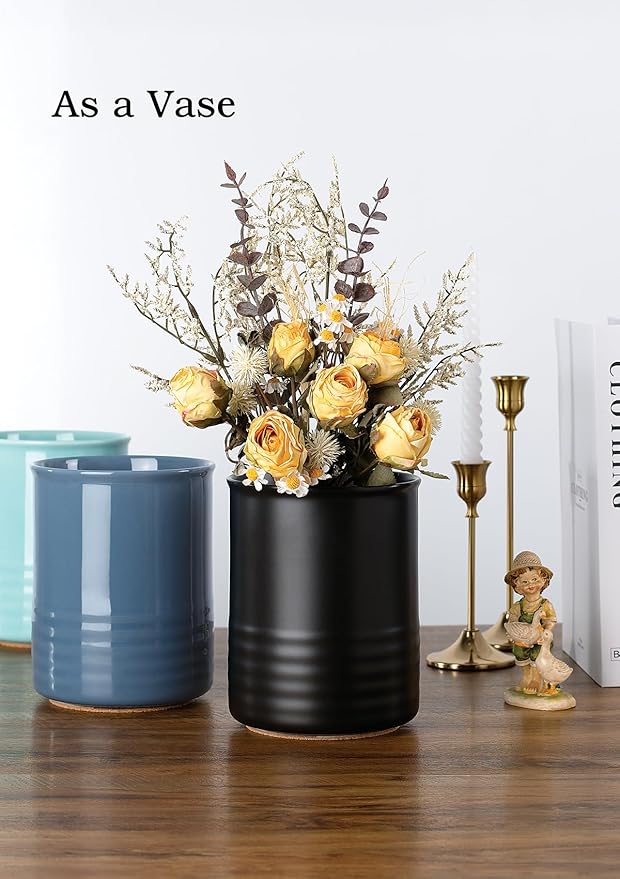 Utensil Holder, 6.7" Ceramic Kitchen Utensil Crock for Countertop Cooking, Modern Utensil Caddy Jar Organizer for Farmhouse Kitchen Counter Décor, Turquoise