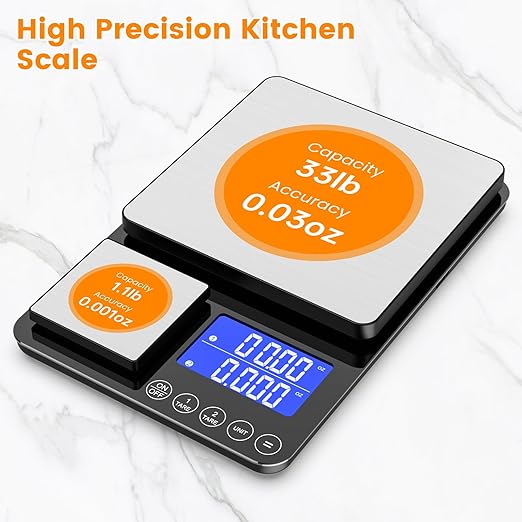 KKZ 0.001oz/33lb Kitchen Scale, Dual Platform Food Scale Grams and Ounces for Weight Loss Baking Cooking Meal Prep Sourdough Bread, Stainless Steel