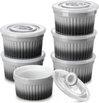 vancasso 6 oz Ramekins with Lid, Porcelain Creme Brulee Souffle Dishes,Set of 6, Grey Pudding Custard Cups Ramiken for Baking, Dishwasher and Oven Safe